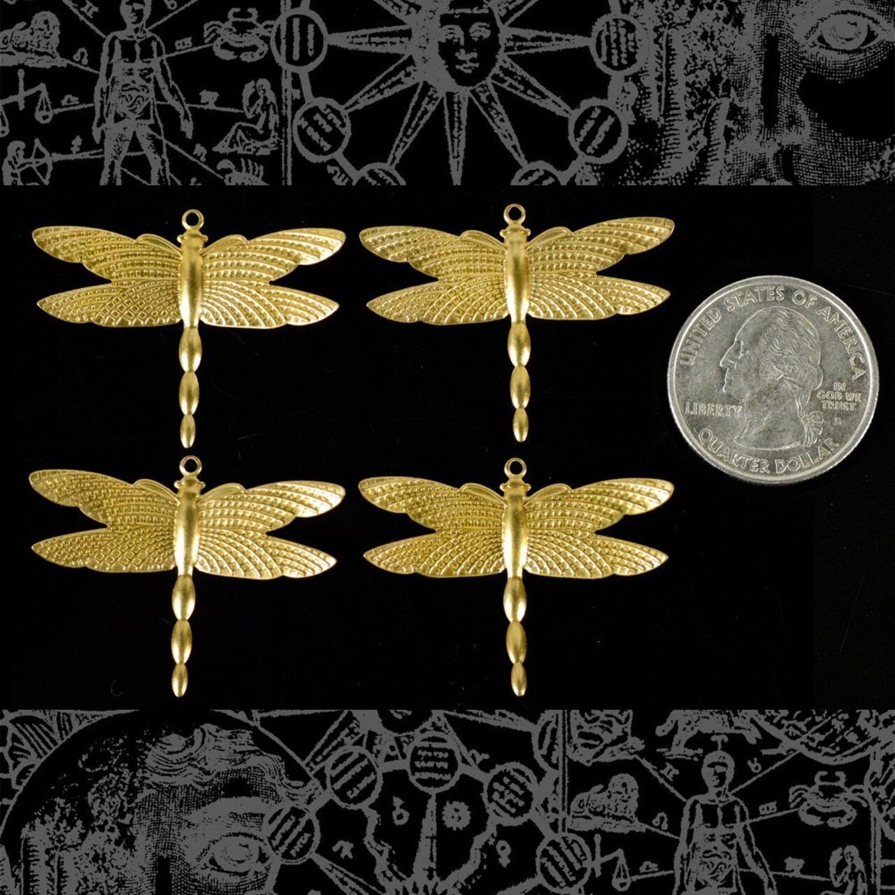 Raw Brass Dragonfly with Uplifted Wing Pendants - Set of Four - XXX - B-P66